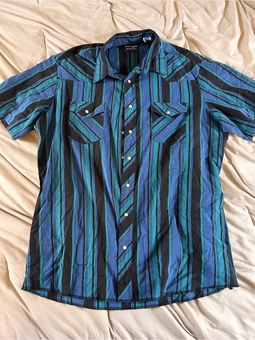 Vintage Wrangler Blue & Black Striped Short-Sleeve Western Shirt